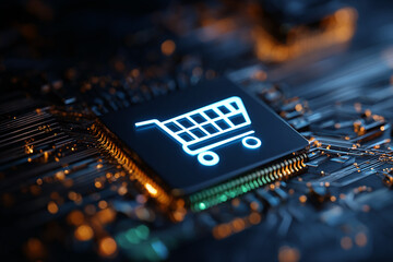 Poster - Close-up of glowing shopping cart icon on circuit board, representing online shopping, digital commerce, and technological innovation in retail