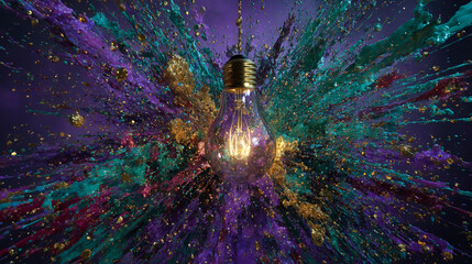 Poster - Lightbulb surrounded by a vibrant explosion of purple, teal, and gold paint splashes, symbolizing creativity, innovation, and inspiration