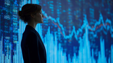Poster - Woman in business attire, profile view, against backdrop of blue financial charts, conveying concepts of analysis, finance, and business strategy