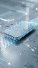 Poster - Sleek, rectangular device with glowing circuit lines rests on a metallic surface, conveying technological advancement and futuristic design, ideal for tech showcases