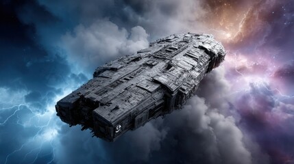 Poster - A massive spaceship cuts through a turbulent cosmic storm, surrounded by swirling clouds and vibrant colors. Stars twinkle in the expansive galaxy, showcasing an otherworldly scene.