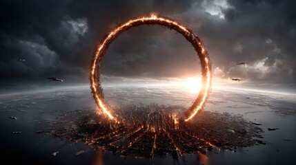 Poster - A massive glowing portal is seen above a sprawling futuristic city. Dark clouds loom as the sun sets, casting an eerie light on the urban landscape, with aerial vehicles flying nearby.