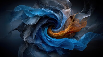 Poster - Bright blue and orange fabrics swirl together to create a dynamic vortex against a dark backdrop. The twisting layers evoke a sense of movement and depth, blending textures seamlessly.