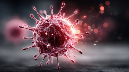 Poster - A detailed representation of a virus showcasing its intricate structure and glowing features against a dark backdrop, illustrating the complexity of viral organisms under study.