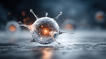 Poster - A translucent cell is illuminated by light, highlighting its intricate structure against a blurred dark background. The cell appears to pulse with energy, suggesting activity at a microscopic level.
