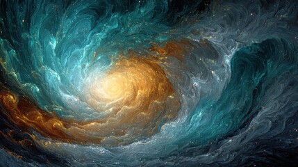 Poster - A vibrant swirl of colors represents a galaxy, showcasing dynamic patterns of orange, teal, and grey in the cosmos. This cosmic scene captures the beauty of space and motion.
