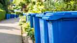 Row of blue recycling bins lined up on a sunny residential sidewalk.
Row of blue recycling bins lined up on a sunny residential sidewalk.