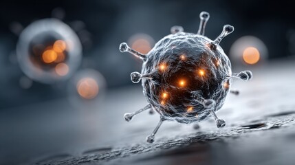 Poster - Intricate details of a virus captured under a microscope showcase its glowing structure, surrounded by other similar particles in a scientific setting.