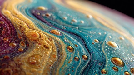 Wall Mural -   Close-up photo of water droplets on blue-yellow fluid against black backdrop