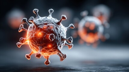 Poster - A close-up view of a virus particle reveals intricate details of its structure illuminated by orange light.