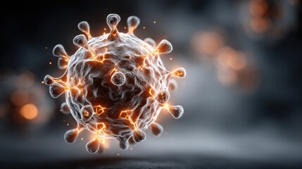 Poster - This illustration showcases a virus with intricate details, featuring spikes radiating light against a dark background. The artistic rendering highlights biological characteristics and structure.