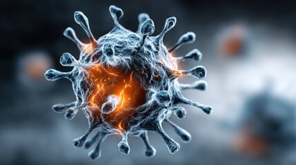 Poster - High-resolution depiction of a virus with detailed spiky projections and glowing areas. This vivid representation highlights the complexities of microscopic life forms.