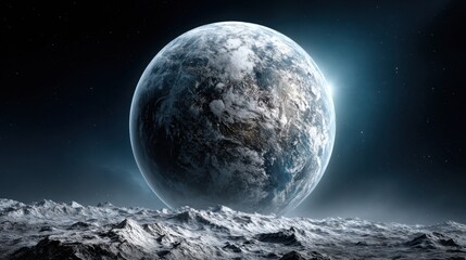 Wall Mural - a vast lunar landscape features rugged terrain under a starry sky, showcasing a distant planet with 