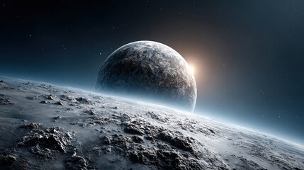 Wall Mural - a breathtaking view shows a rugged celestial body with a neighboring planet looming under a starry s