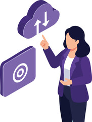 Poster - Woman using cloud storage technology for uploading and downloading data in modern digital workflow vector illustration 