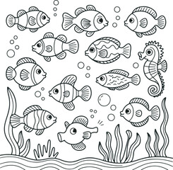 Leinwandbilder - Black and White Cartoon Fish Sea Life Coloring Page