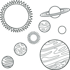 Leinwandbilder - Black and White Line Drawing of Planets and Sun stars