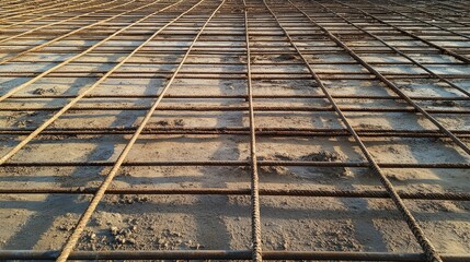 Poster - Foundation grid marked with white lines and rebar prior to structural concrete pour