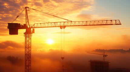 Poster - Tower crane silhouette operating over busy industrial site during sunrise, showcasing heavy construction