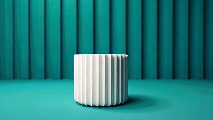 Fototapete - Minimalist Product Display: Clean, modern aesthetics with a ribbed cylindrical object on a teal surface, perfect for showcasing products. 