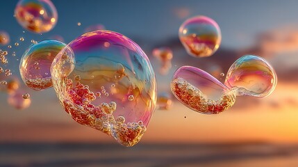 Wall Mural -   A collection of soap bubbles floating in the sky during sunset with a water body in front