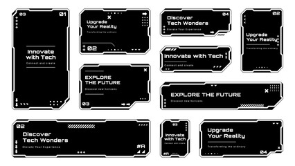 Poster - Set of black futuristic HUD text box frames and banners with modern design elements for digital interface. Vector graphics.