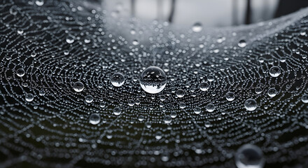 Dewdrops on Spiderweb: Macro Shot of Nature's Intricate Design, Perfect for Backgrounds and Textures