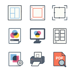 Prepress Task Icons. Isometric Flat icon set of prepress tasks: page layout, bleeds marker, trim marks, color proof, soft proof