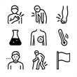 © Coosh448 - Emergency Symptom Icons. Outline icon set of warning signs serious causes: chest pain icon, severe weakness, swelling limb, dark