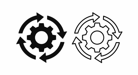 Aufkleber - This high-quality vector image features two circular icons: a solid black gear with curved arrows and a matching black outline gear with outlined arrows, all with fine details.