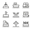 © Coosh448 - Floating City Icons. Outline icon set of floating city platforms: wave energy generator, buoyant hull, modular platform, sea level