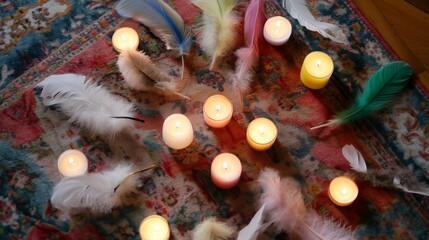 Poster - Soft candlelight illuminates colorful feathers on a vintage rug, creating a cozy and serene atmosphere