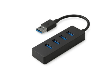 Poster - Black usb hub expanding connectivity with multiple ports and attached cable, isolated on transparent background, offering versatile device connection