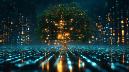Poster - CyberTree composed of glowing digital pixels, merging nature with technology in a futuristic, vibrant design symbolizing digital growth and innovation.

