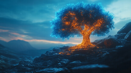 Poster - CyberTree composed of glowing digital pixels, merging nature with technology in a futuristic, vibrant design symbolizing digital growth and innovation.

