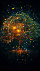 Poster - CyberTree composed of glowing digital pixels, merging nature with technology in a futuristic, vibrant design symbolizing digital growth and innovation.

