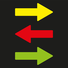 Poster - Color arrow set. Directional icon trio. Vector navigation sign. Black background contrast.