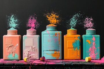 Poster - Five vibrant paint containers splashed with colors in studio