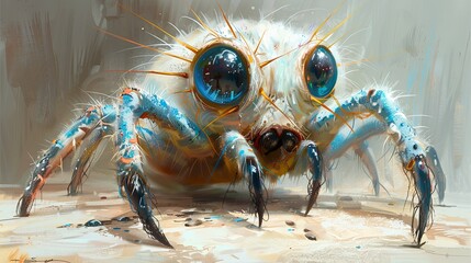 Poster - Whimsical spider standing on painted artwork indoors
