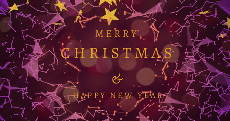 Poster - Displaying golden greeting on purple backdrop, with stars, bokeh, pink-orange constellation lines