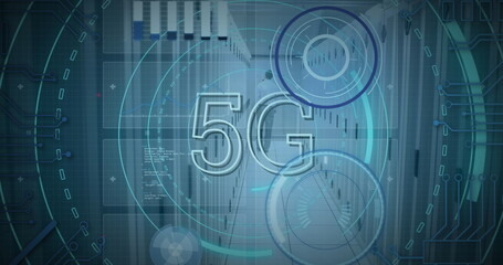 Poster - Displaying 5G symbol amid HUD circles hovering in data center corridor, network switches, cabling