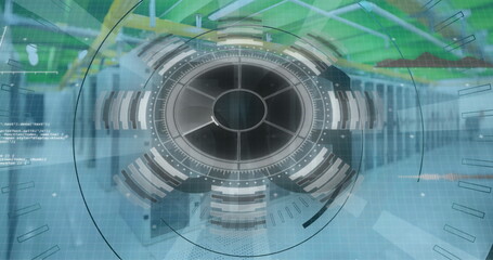 Poster - Displaying HUD interface showing segmented rings in server corridor with racks and overhead cabling