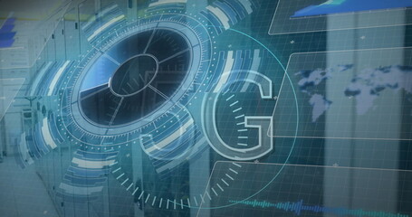 Poster - Displaying holographic UI showing radial progress inside data center with server racks, world map