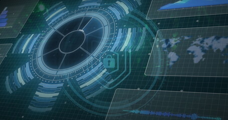 Poster - Showing futuristic dashboard interface on grid background, with circular HUD, bar charts, lock icon