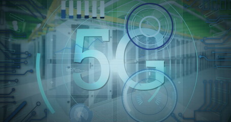 Poster - Displaying 5G text with circular HUD overlay in data center, with server racks and network switches