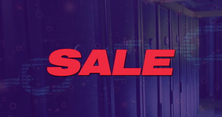 Poster - Displaying bold red SALE text floating over data-center corridor, with racks and code streams