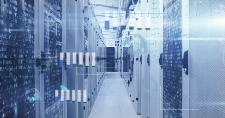Poster - Displaying server cabinets in corridor flashing LEDs and overlaying code graphics in data center