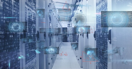 Poster - Server rack corridor extending in data center, with blinking LEDs, network cables and code overlay