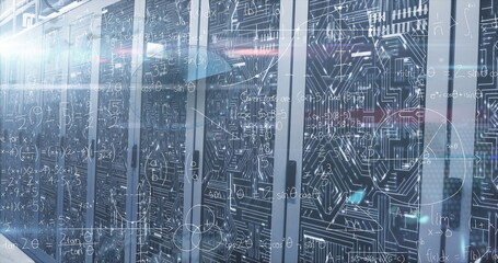 Poster - Blinking LED lights streaming data through glass-fronted server cabinets in data-center corridor