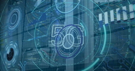 Poster - Displaying holographic 5G interface overlaying server racks with LED lights, cables in data center